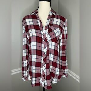 Anthropologie Beach Lunch Lounge Red Plaid Button Down Long Sleeve Top